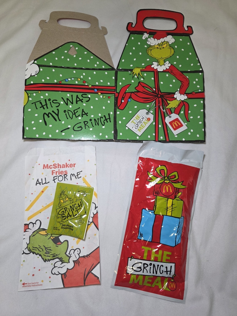 The Grinch McDonald's Happy Meal Limited Box Set-SEALED Socks, Grinch Salt & Box